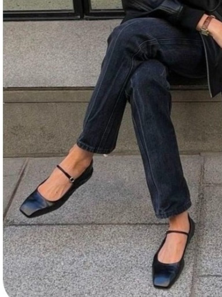Zara Black Leather Mary Jane Ballet Flats Women's Eu 37 Us 6.5 Buckle Square Toe